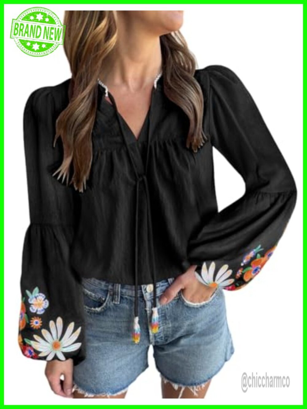 Boho Embroidered Tunic Top V Neck Puff Sleeve Loose Summer Blouse
